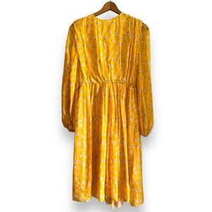 Alcoolique Italian 100% Silk Yellow Gold Floral Long Sleeve A-Line Midi Dress